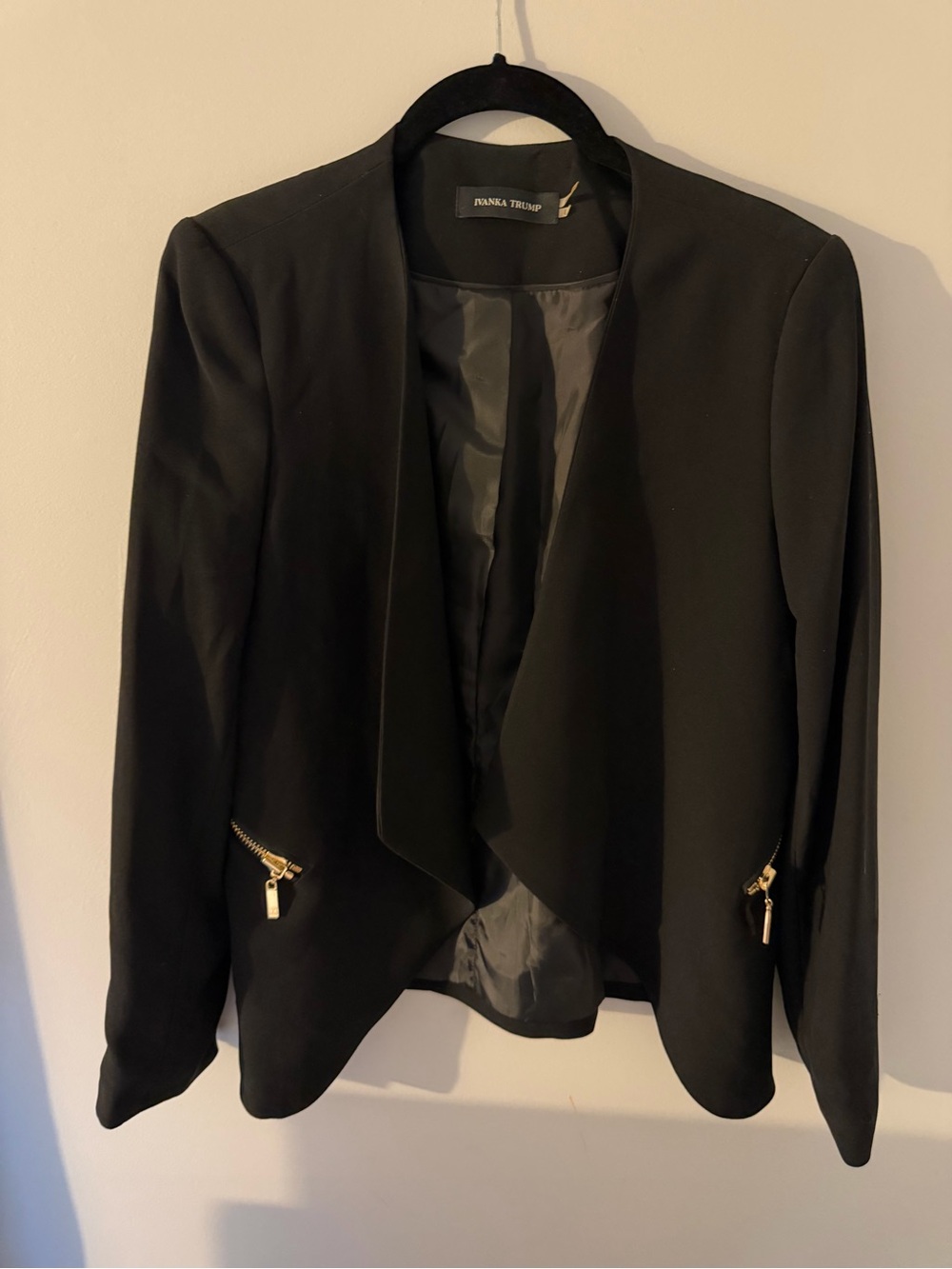 Ivanka Trump Black Open-Front Blazer with Gold Zipper Detail size 8